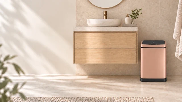 Avenra Rose Gold bin beside a bathroom vanity